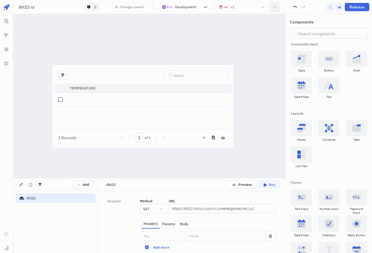 Low code platform example for reading DHT22 data using an API