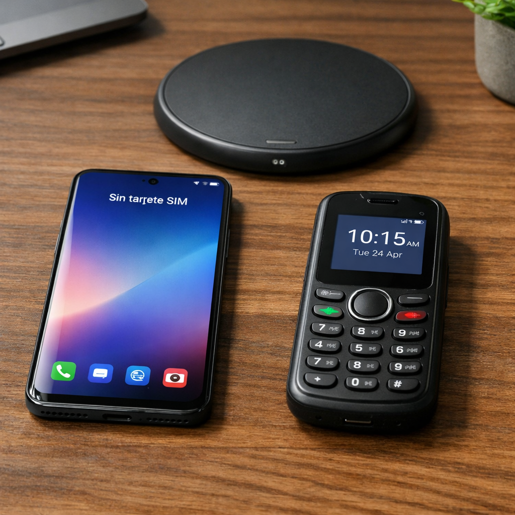 Foto de un Smartphone moderno sin tarjeta sim junto a un teléfono básico de batería duradera, sobre una mesa con carga inalámbrica desactivada.